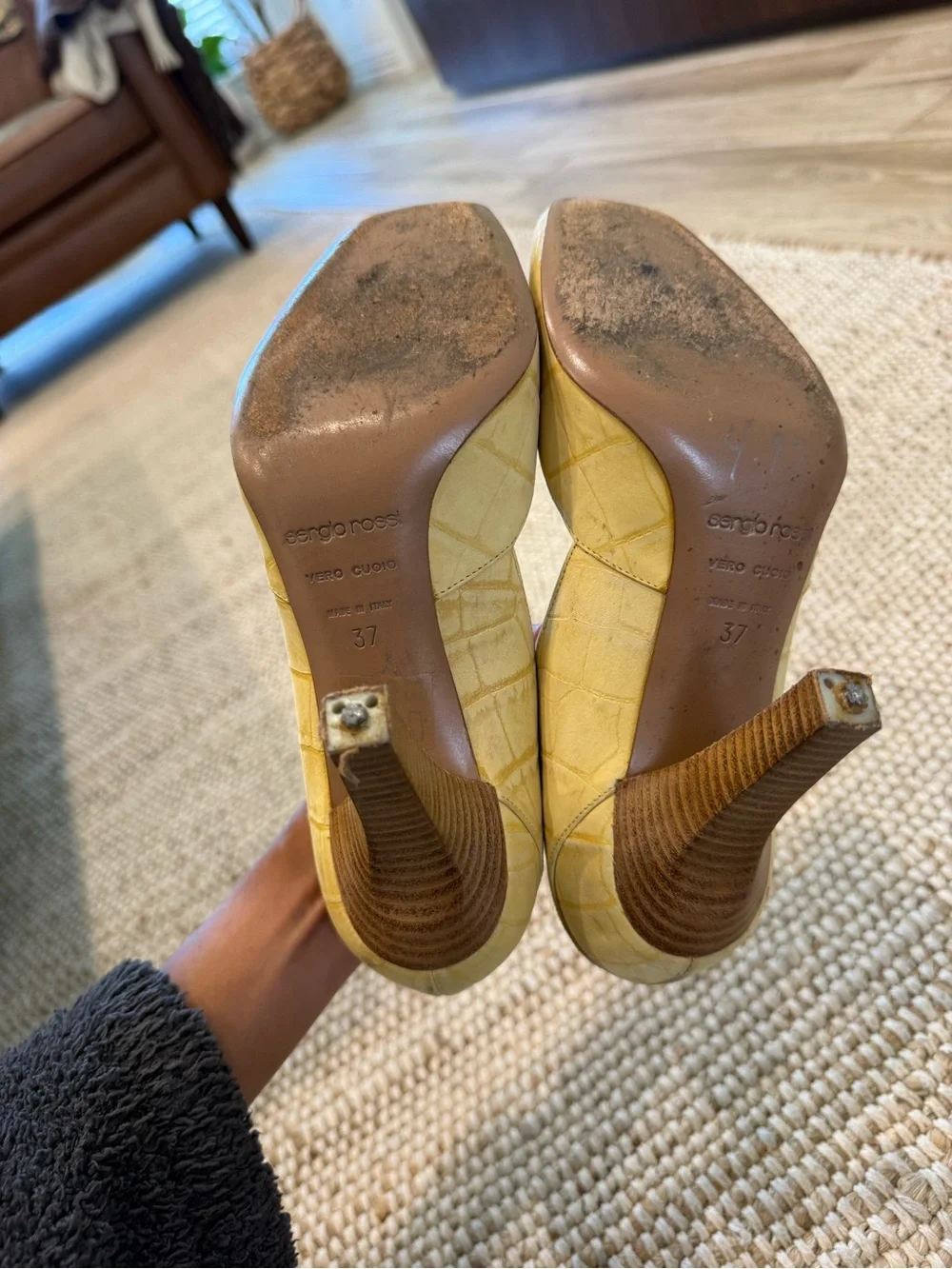 Sergio Rossi Yellow Croc-Embossed Peep-Toe Pumps